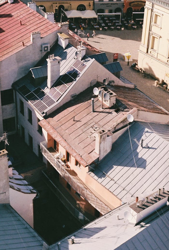 High angle view of charming rooftops in Lublin, Poland, showcasing architectural details.